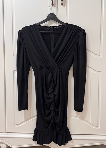 Siyah Drapeli V Yaka Uzun Kollu Kadın Elbise - Görsel 2