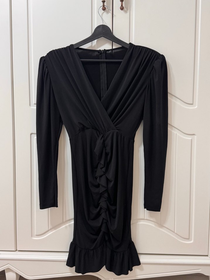 Siyah Drapeli V Yaka Uzun Kollu Kadın Elbise - Görsel 2