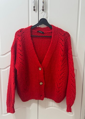 Kırmızı Örgü Kadın Hırka V Yakalı - Görsel 2