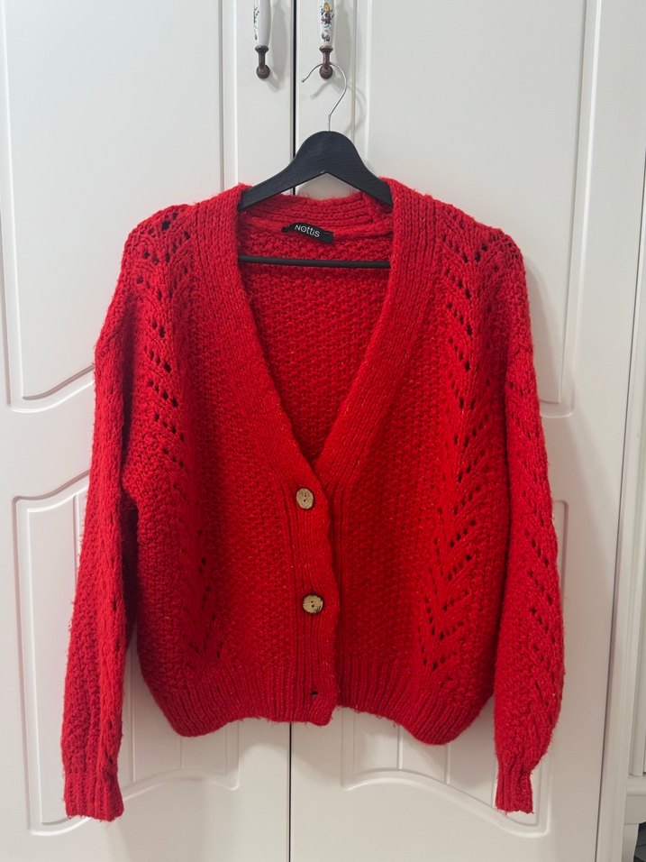 Kırmızı Örgü Kadın Hırka V Yakalı - Görsel 2