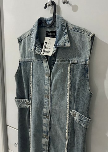 s Beden Gri Düğmeli Kolsuz Denim elbise
