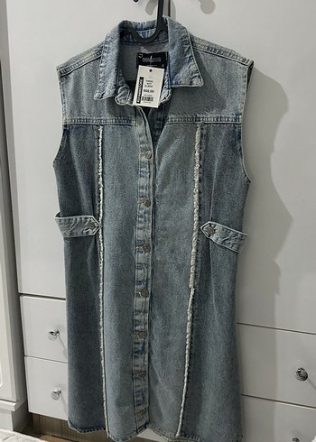 Gri Düğmeli Kolsuz Denim elbise