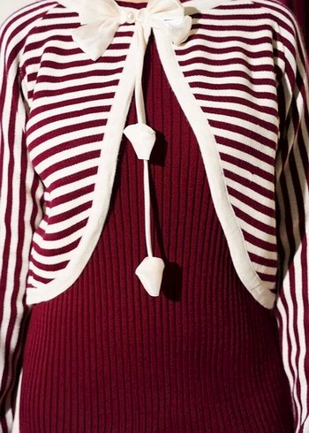 Çizgili bolerolu triko ikili takım bordo - Görsel 3