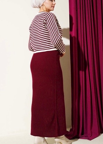 Çizgili bolerolu triko ikili takım bordo - Görsel 2