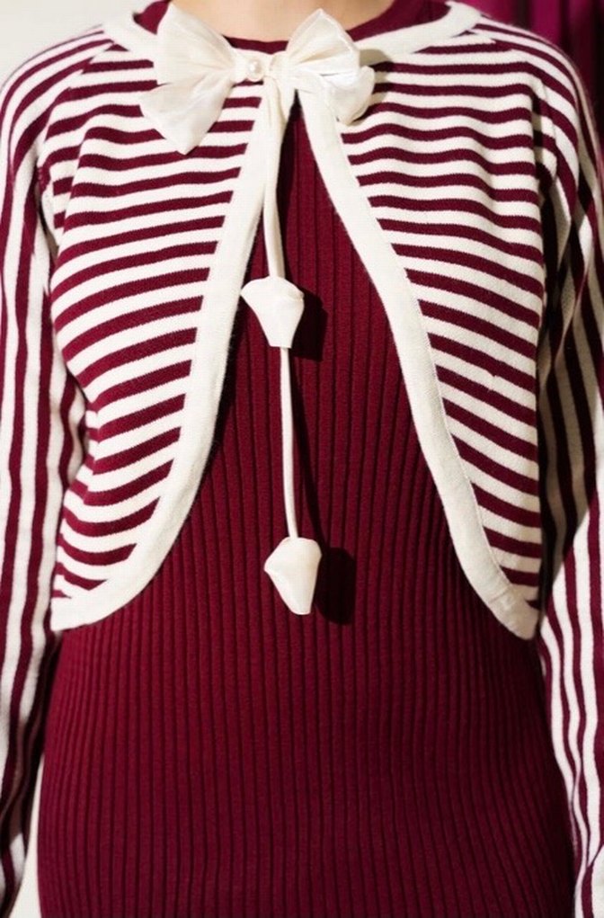 Çizgili bolerolu triko ikili takım bordo - Görsel 3