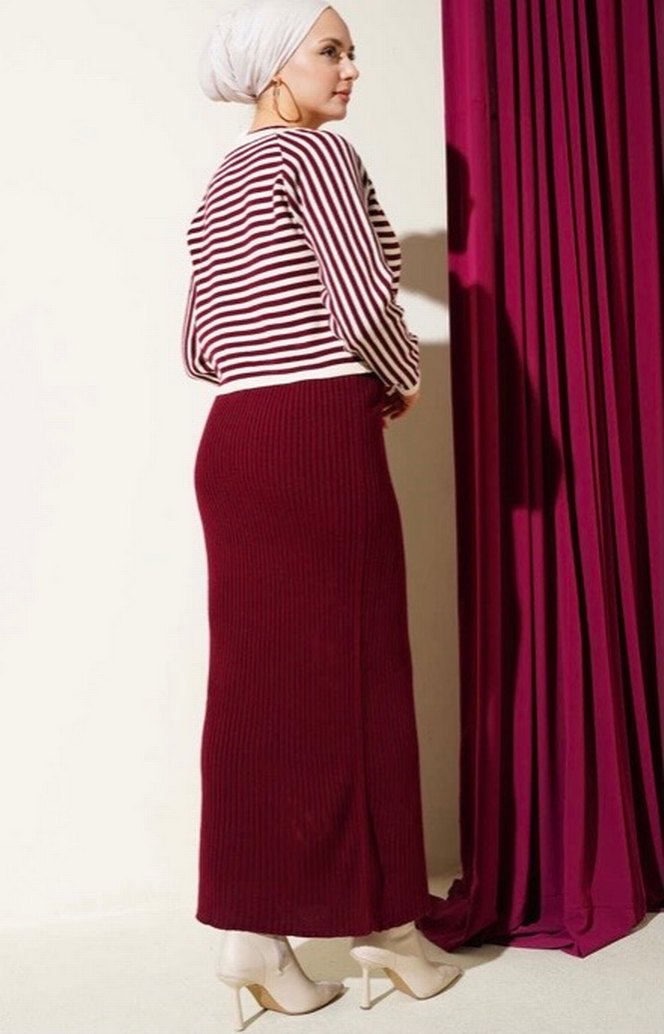 Çizgili bolerolu triko ikili takım bordo - Görsel 2