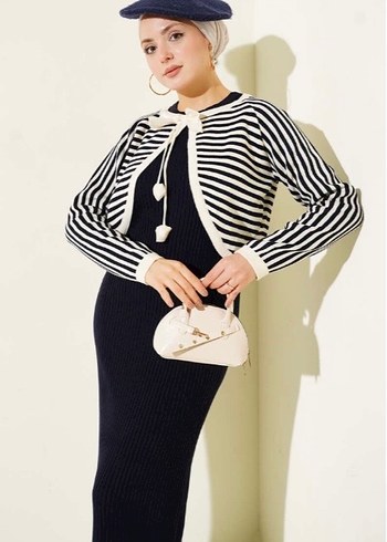 Çizgili bolerolu triko ikili takım lacivert - Görsel 2