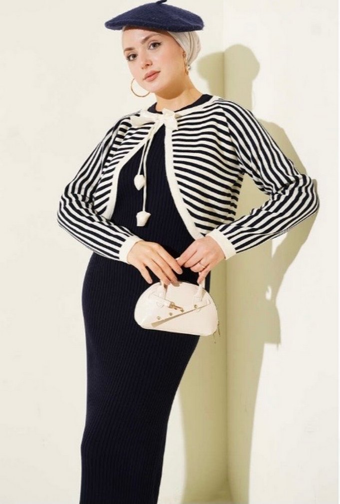 Çizgili bolerolu triko ikili takım lacivert - Görsel 2