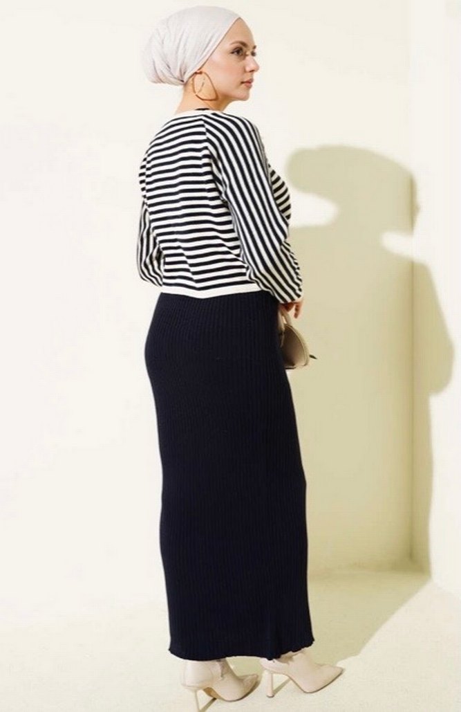 Çizgili bolerolu triko ikili takım lacivert - Görsel 3