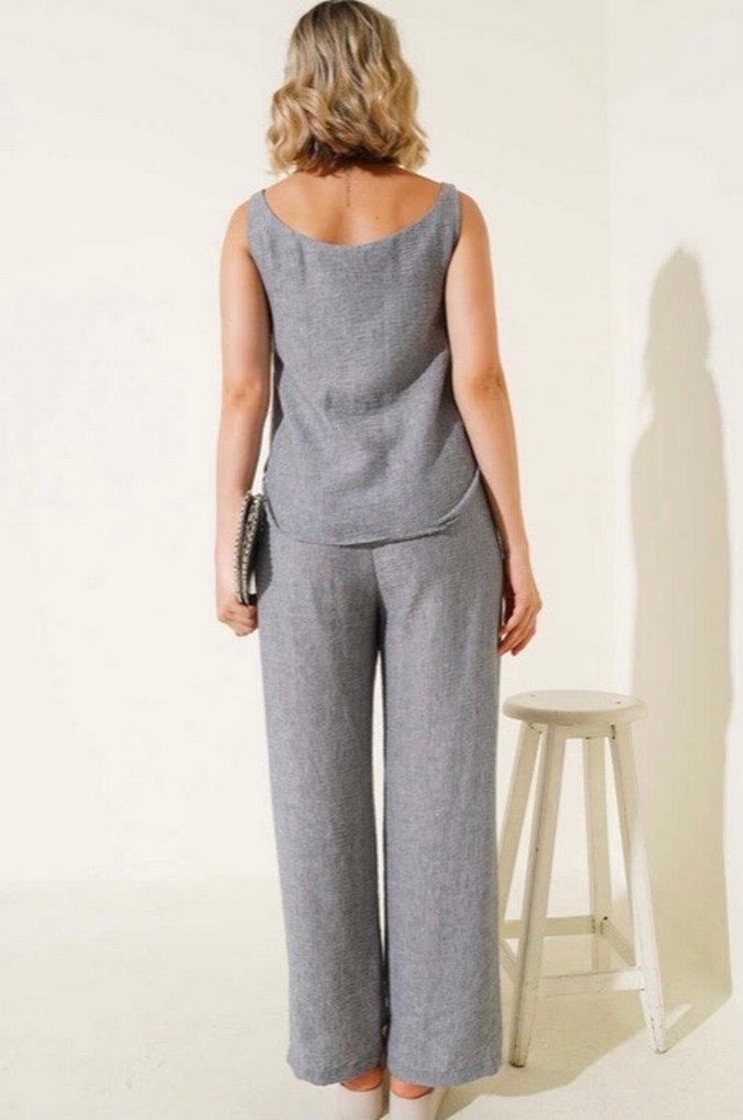 Omzu Çiçek Detaylı İkili Takım Gri - Görsel 3