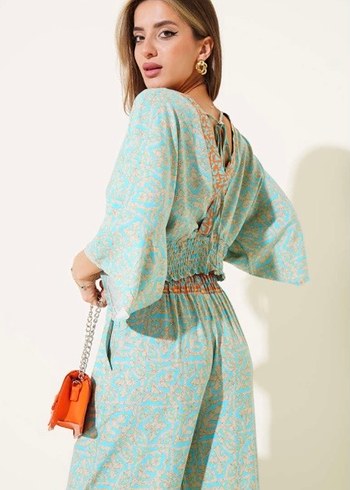 Sırt İp Detaylı Desenli Crop İkili Takım Petrol - Görsel 3