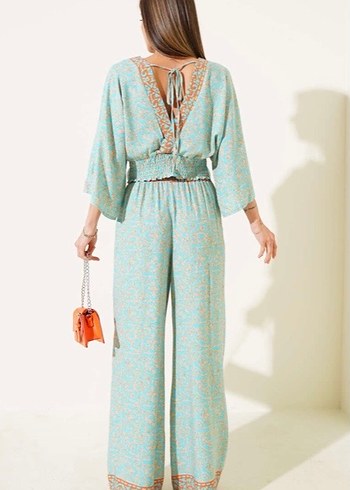 Sırt İp Detaylı Desenli Crop İkili Takım Petrol - Görsel 2