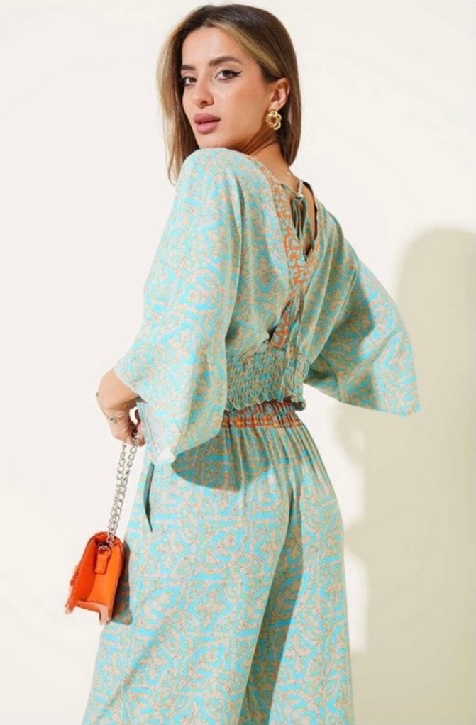 Sırt İp Detaylı Desenli Crop İkili Takım Petrol - Görsel 3