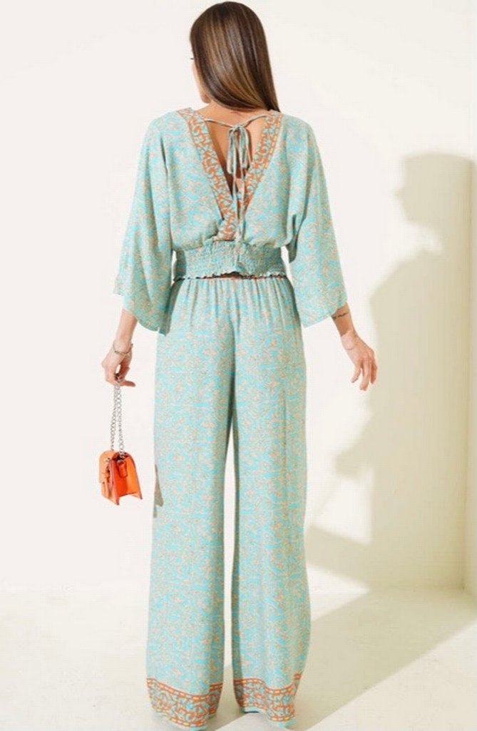 Sırt İp Detaylı Desenli Crop İkili Takım Petrol - Görsel 2