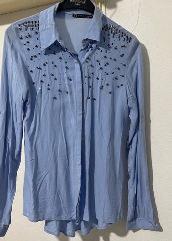 Düğmeli Mavi Kadın Gömlek - Görsel 3