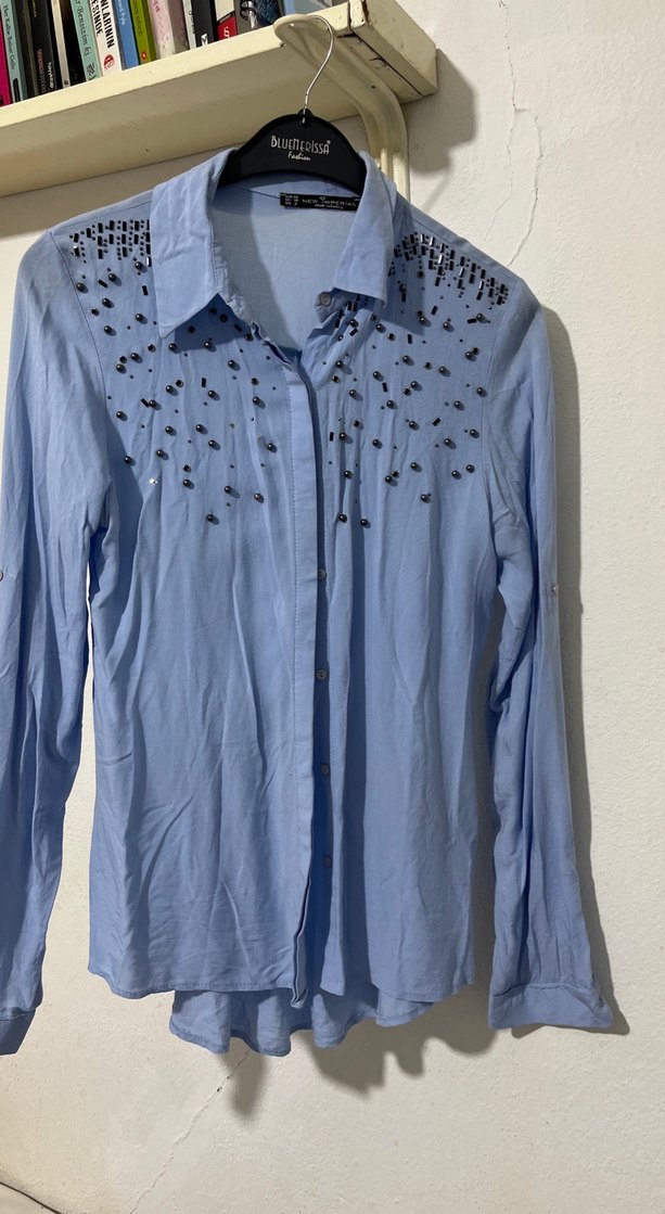 Düğmeli Mavi Kadın Gömlek - Görsel 3