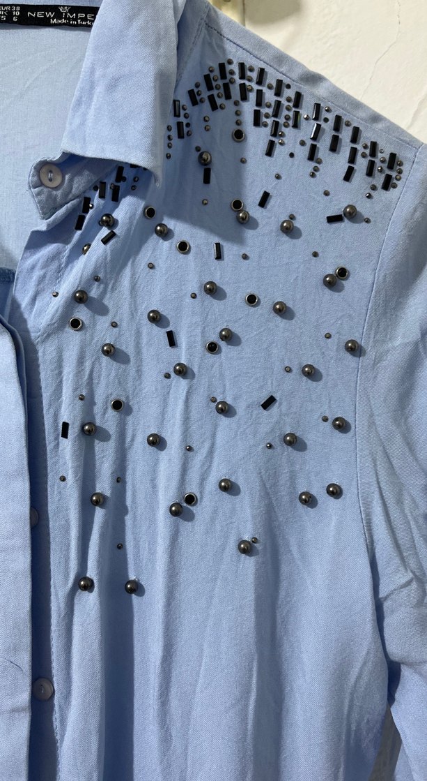 Düğmeli Mavi Kadın Gömlek - Görsel 2