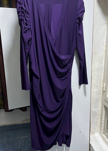 Mor Drapeli Uzun Kollu midi Elbise - Görsel 2