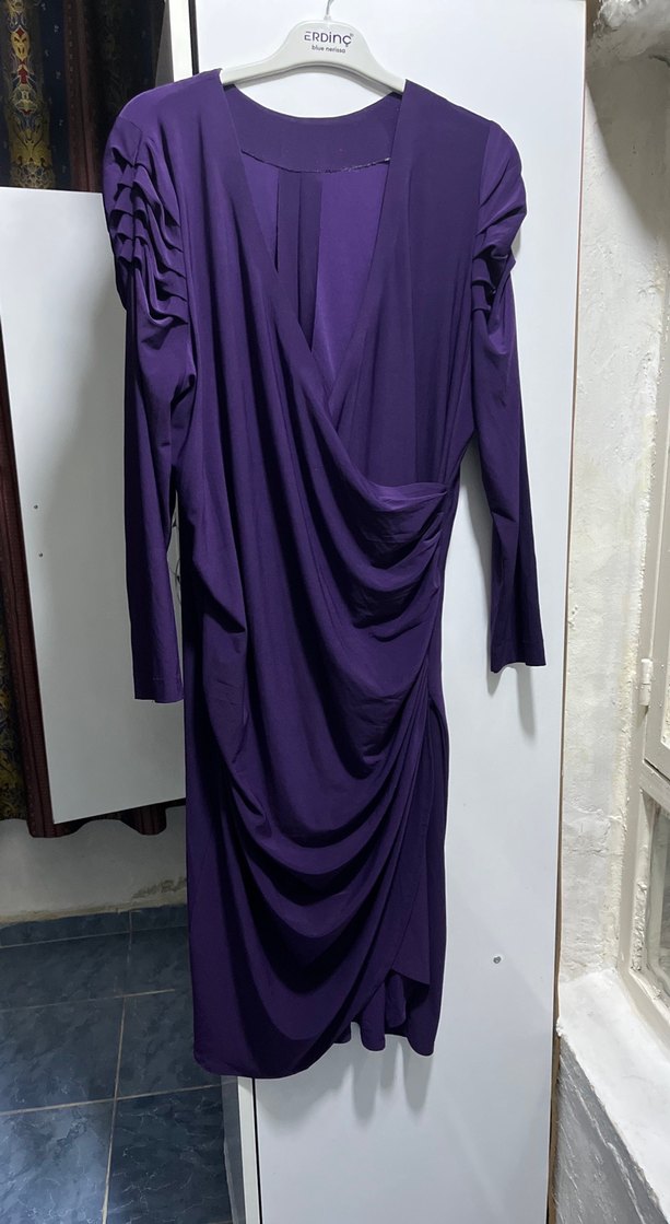 Mor Drapeli Uzun Kollu midi Elbise - Görsel 2