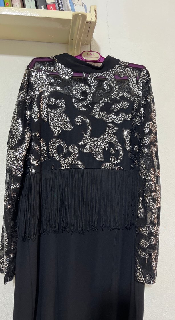 Uzun Siyah Gotik Püsküllü balık Abiye Elbise - Görsel 3