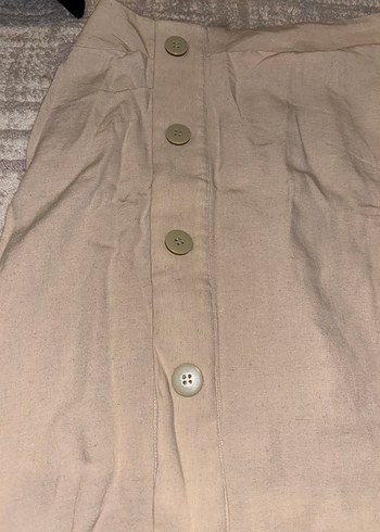 Düğmeli Bej Keten Midi Etek - Görsel 2