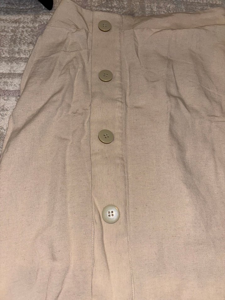 Düğmeli Bej Keten Midi Etek - Görsel 2