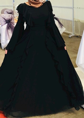 Uzun Siyah Gotik Drape Detaylı Elbise Şifon Özel gün elbisesi