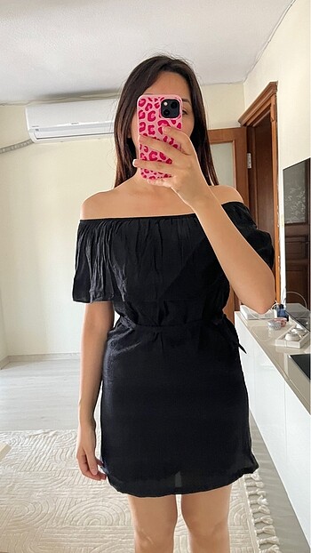 s Beden siyah Renk Siyah keten omuz detay elbise