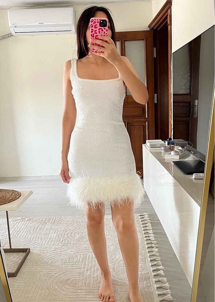 Beyaz simli tüylü abiye - Görsel 2