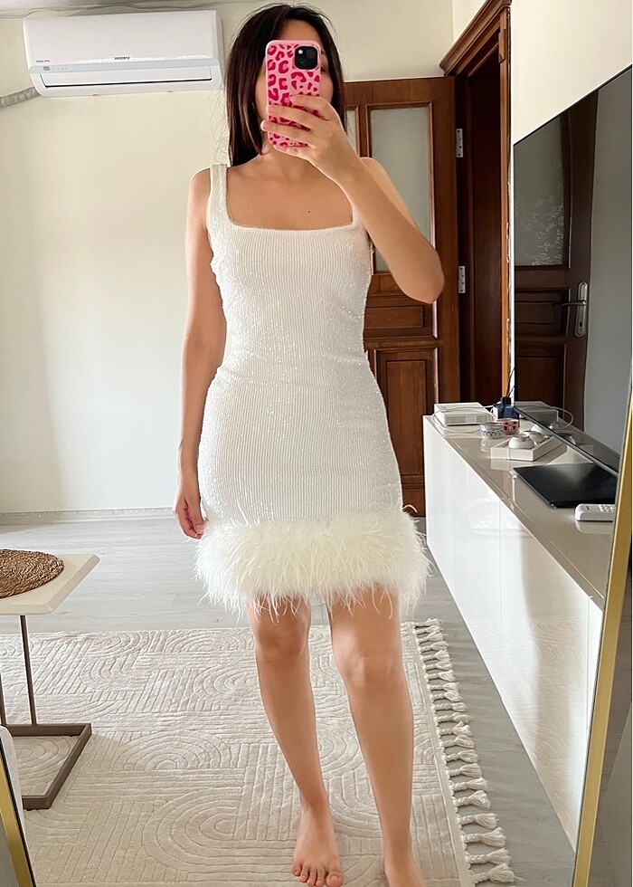 Beyaz simli tüylü abiye - Görsel 3