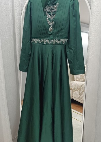 Yeşil Uzun Kollu Nakışlı Abiye Elbise