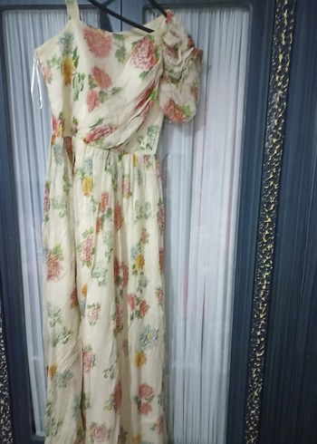 Drapeli Çiçekli Uzun Bohem Elbise - Görsel 7