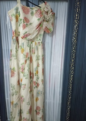 Drapeli Çiçekli Uzun Bohem Elbise - Görsel 5