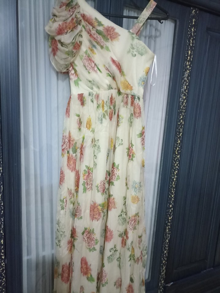 Drapeli Çiçekli Uzun Bohem Elbise - Görsel 2