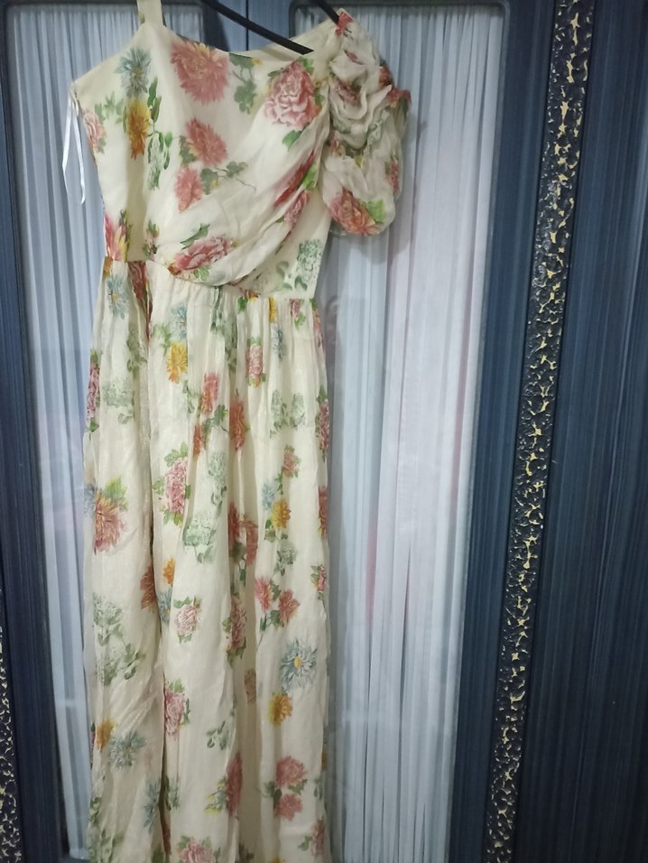 Drapeli Çiçekli Uzun Bohem Elbise - Görsel 5