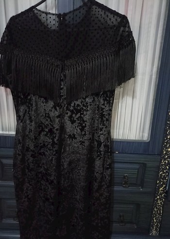 Püsküllü Siyah Gotik Kadın Abiye Elbise - Görsel 4