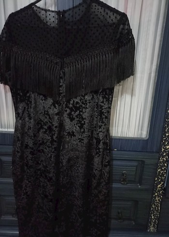 Püsküllü Siyah Gotik Kadın Abiye Elbise - Görsel 3