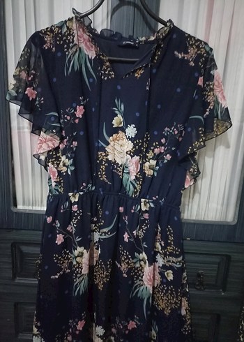 Lacivert Çiçek Desenli Midi Bohem Elbise - Görsel 5