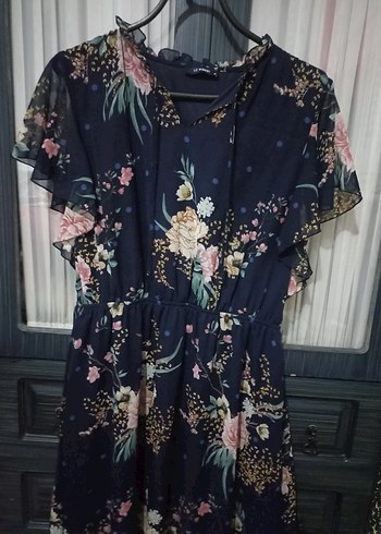 Lacivert Çiçek Desenli Midi Bohem Elbise - Görsel 3