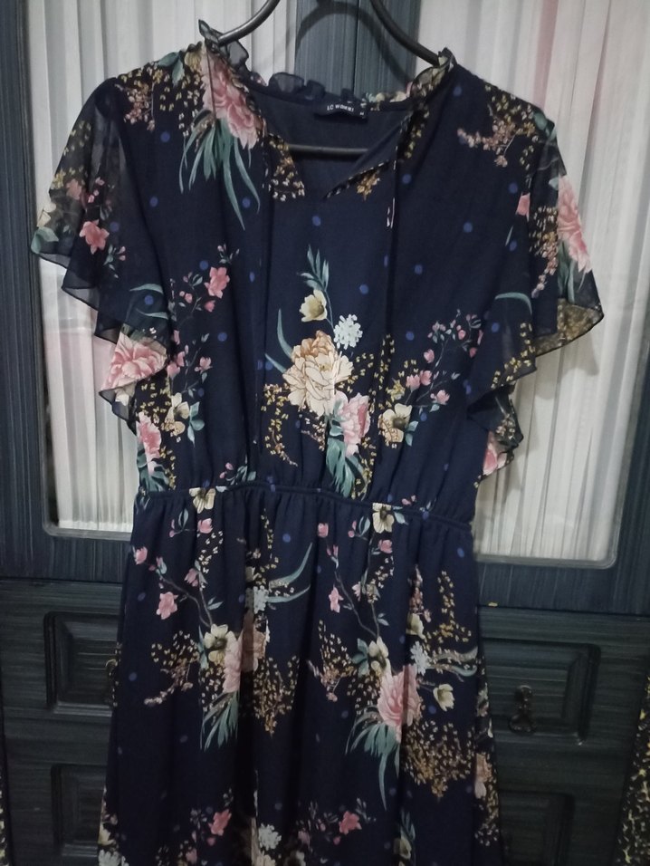 Lacivert Çiçek Desenli Midi Bohem Elbise - Görsel 5