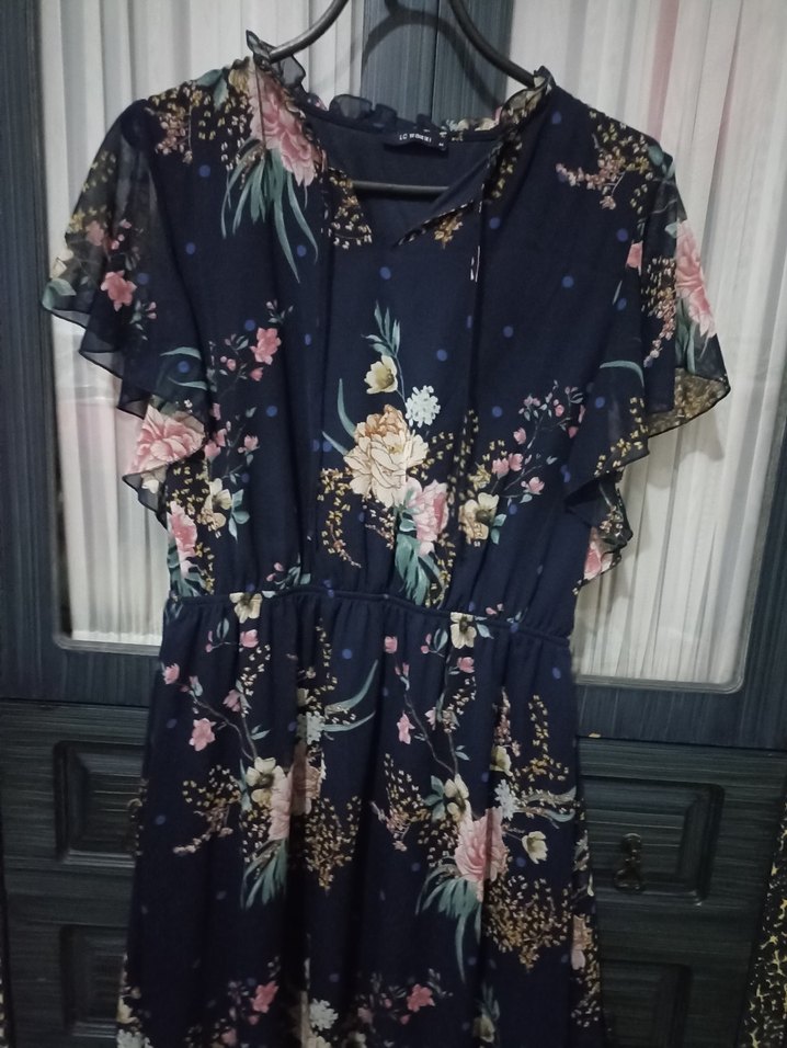 Lacivert Çiçek Desenli Midi Bohem Elbise - Görsel 3