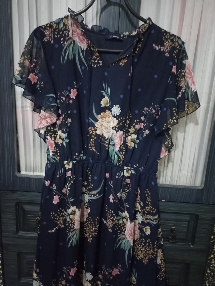 Lacivert Çiçek Desenli Midi Bohem Elbise - Görsel 4