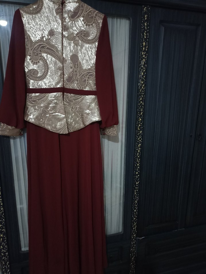 Bordo Nakışlı Uzun Kollu Şık Kadın Elbise - Görsel 5