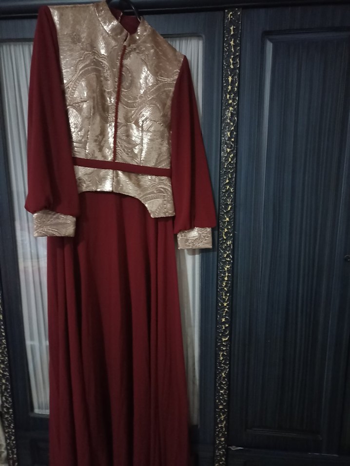 Bordo Nakışlı Uzun Kollu Şık Kadın Elbise - Görsel 2