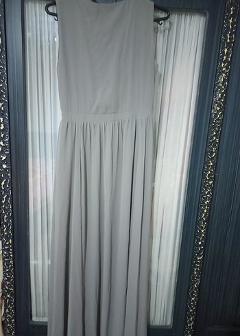 Gri V Yaka Kolsuz Uzun Elbise - Görsel 3