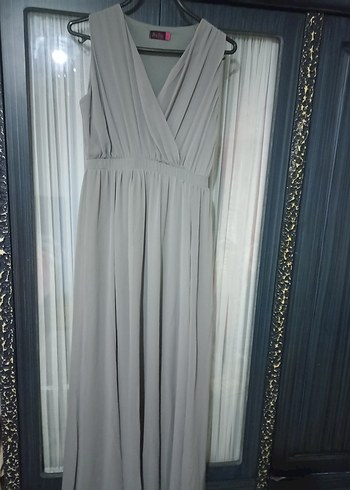 Gri V Yaka Kolsuz Uzun Elbise - Görsel 2