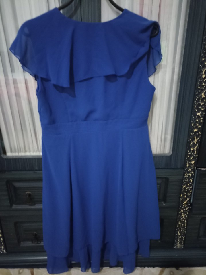 Mavi Midi Drapeli V Yaka Kadın Elbise - Görsel 3