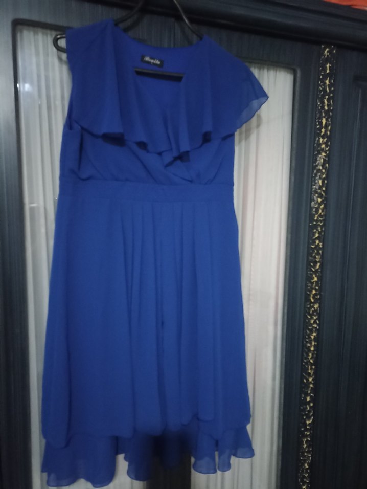 Mavi Midi Drapeli V Yaka Kadın Elbise - Görsel 2