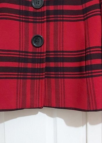 Düğmeli Kırmızı Ekose Midi Kadın Kaban - Görsel 4