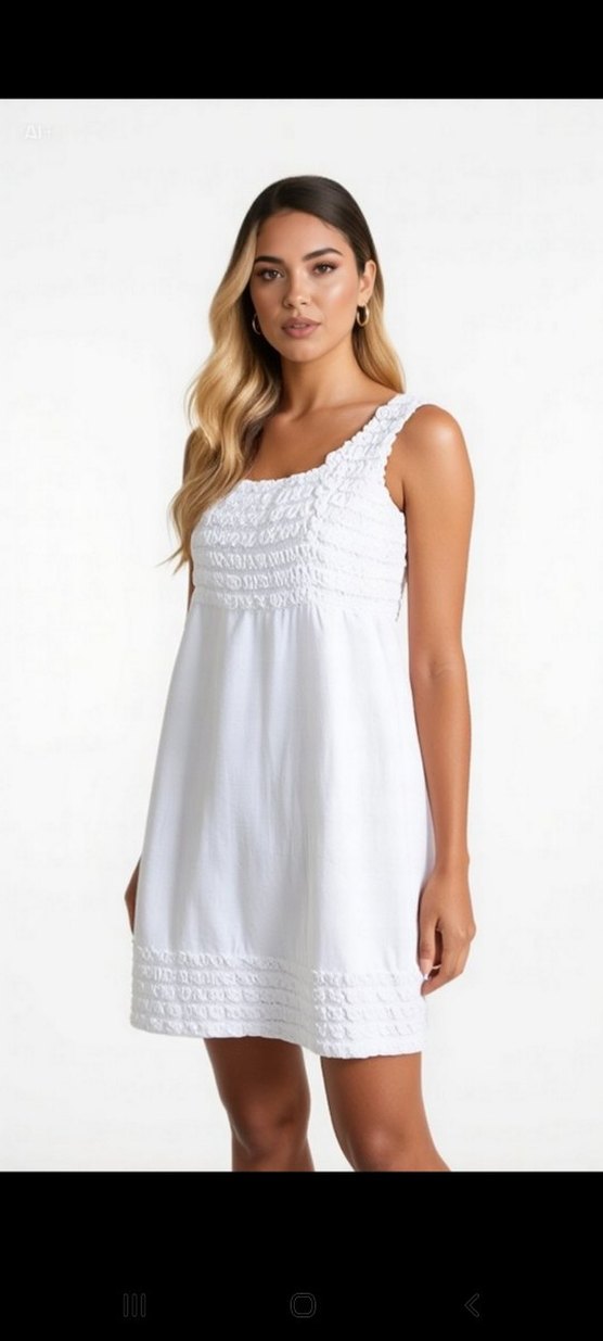 Beyaz Keten Midi Elbise, Fırfırlı, Kolsuz - Görsel 2